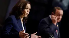 Guatemala's President Alejandro Giammattei and Kamala Harris attend a news conference at the Palacio Nacional de la Cultura, in Guatemala City. June 7, 2021