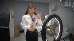 ผู้หญิงยืนหน้ากล้องโทรศัพท์