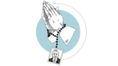 Ilustração de duas mãos juntas e um terço com uma imagem de Lula