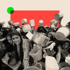 Люди в мусульманской одежде тянут вперед контейнеры для еды, кастрюли, банки и ведра. Ч/б картинка с красно-зеленым фоном.