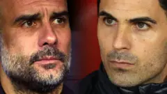 Composite close-up of rival managers Pep Guardiola and Mikel Arteta