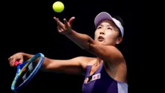 Peng Shuai of China in action during her Women's Singles first round match against Nao Hibino of Japan on day two of the 2020 Australian Open at Melbourne Park on January 21, 2020 in Melbourne, Australia.