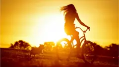 mulher andando de bicicleta com sol ao fundo, e cachorro do lado