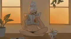 A drawing shows a woman, sitting in underwear, browsing through an art magazine next to a takeaway carton
