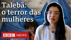 Montagem com repórter e mulheres com burca segurando criança