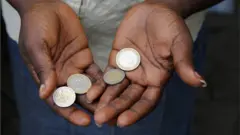 Deux mains tenant quelques pièces de monnaie