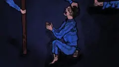 A drawing of a little boy begging