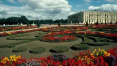 Palacio a la derecha, jardines en frente y bosque en el fondo