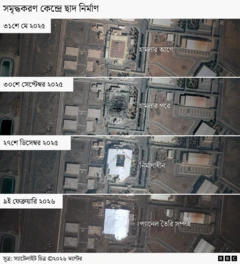 স্যাটেলাইটের চারটি ছবিতে ইরানের নাতাঞ্জ সমৃদ্ধকরণ কেন্দ্রের ছাদ নির্মাণের দৃশ্য দেখানো হয়েছে,
যার ক্যাপশনে লেখা আছে ‘হামলার আগে’, ‘হামলার পরে’, ‘নির্মাণাধীন’, এবং ‘প্যানেলিংয়ের কাজ সম্পন্ন’।