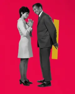 Fotomontagem com homem e mulher se olhando em pé