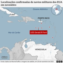 Mapa mostra as posições confirmadas de seis embarcações militares dos EUA no mar do Caribe, incluindo um grupo em torno do USS Gerald R. Ford