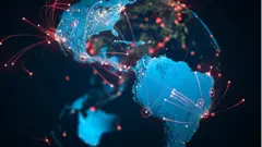 Ilustração de mapa-múndi com fios vermelhos ligando cidades e países