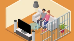 Ilustración isométrica de una pareja mirando TV enjaulados.