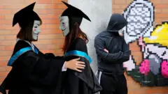 University students wearing Guy Fawkes masks pose for a photoshoot