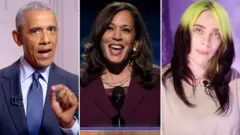 De gauche à droite : Barack Obama, Kamala Harris, Billie Eilish