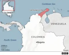 Mapa do noroeste da América do Sul mostrando a região de La Guajira, na Colômbia