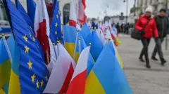 прапори України, Польщі та ЄС на вулиці у Варшаві