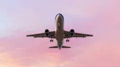 An aeroplane lands in a beautiful sunset