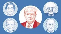 Image showing Donald Trump winking at possible Democratic challengers Elizabeth Warren, Bernie Sanders, Joe Biden and Michael Bloomberg.