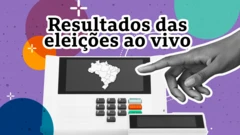 Imagem de mão digitando na urna com frase "Resultado das eleições ao vivo"