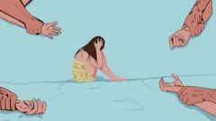 Рисунок - женские руки, прижатые к полу мужскими. Девушка, завернутая в полотенце, сидит, зажав голову.