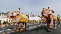 Elephants parade near the Grand Palace in Bangkok to celebrate the Thai King's coronation