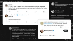 Gráfico mostrando diversas postagens sobrepostas no X, com pessoas pedindo conselhos e respostas de Kate Shemirani, pedindo que elas entrassem em contato por email. Uma delas pergunta: "Olá, Kate, existe um conjunto geral de vitaminas e minerais que eu poderia tomar para a saúde em geral? Tenho 54 anos (mulher) e quero permanecer livre de farmácia/medicações pelo máximo de tempo possível." Outra pergunta se Shemirani pode ajudar com "câncer do fígado terminal" (com as letras da palavra "câncer" expressas com símbolos). Ela diz a ambas que entrem em contato por ela por email. Outra pessoa pergunta sobre uma amiga com câncer do sangue e do ovário: "Lembro que você escreveu sobre combater câncer de mama usando medicina natural. Você escreveu um livro ou posso encontrar algo online sobre o que você tomou?"