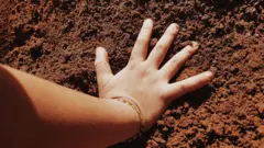 Mano de un niño o niña sobre la tierra