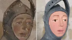 Escultura de São Jorge antes e depois da restauração
