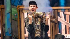 Kyle "Bugha" Giersdorf celebrates winning Fortnite World Cup at Arthur Ashe Stadium on July 28, 2019