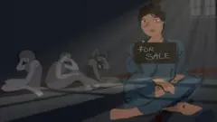 Drawings of women inside room, some with for sale sign round dia neck