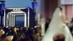 BTS의 광화문 공연장 모습과 옆에서 진행된 결혼식 장면이 겹쳐진 화면