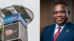 Dstv logo and Comms Minister Sam George in collage 
