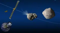Ilustração de colisão de espaçonave com asteroide