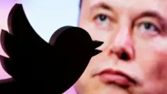 Elon Musk com um logotipo do Twitter