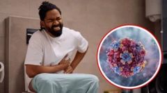 African American wey dey struggle wit diarrhea for toilet and 3D illustration of norovirus pathogens. 