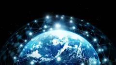 Graphic showing the Earth surrounded by a communications network