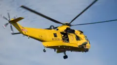 A yellow Sea King rescue helicopter seen in flight