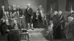 Ilustração do primeiro presidente americano, George Washington, durante sua cerimônia de posse