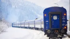 Сині вагони пасажирського потяга рухаються засніженою залізничною колією. У тлі – густий ліс хвойних дерев і вкриті снігом схили гір.