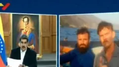 Venezuela's state TV shows President Nicolás Maduro (left) during a briefing, and what the authorities say are two detained US citizens Luke Denman and Airan Berry