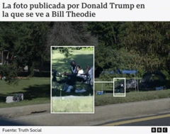 Una imagen muestra la foto que publicó Trump, ampliada para mostrar a Theodie con una camiseta blanca sin mangas sentado en el césped en una silla de camping.