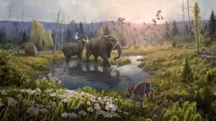 Ilustración de mastodontes y otros animales que vivieron en Groenlandia hace dos millones de años