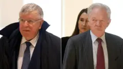 France Télécom former CEO, Didier Lombard, and his deputy Louis-Pierre Wenès, arrive in court for the trial in July 2019