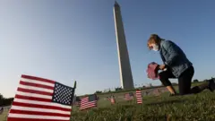 Carmen Wilke places flags at a COVID Memorial Project install of 20,000 American flags on the National Mall as the United States crosses the 200,000 lives lost in the COVID-19 pandemic September 22, 2020 in Washington, DC.