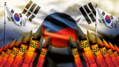 Ilustración de la bandera de corea del Sur con unas ojivas nucleares.