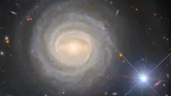 Unos brazos espirales muy compactos se extienden desde un centro brillante. A su alrededor se pueden observar galaxias lejanas, junto con algunas estrellas brillantes sobre un fondo oscuro. Una estrella a la derecha de la galaxia es grande y brillante.