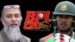 বিসিবি পরিচালক নাজমুল ইসলাম, মাঝখানে বিপিএলের লোগো, ডান পাশে ক্রিকেটার মোস্তাফিজুর রহমান