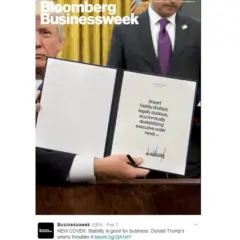 Auf dem Cover ist zu sehen, wie Donald Trump eine Executive Order in die Kamera hält, aber auf dem Cover steht folgender Text: "(Platzieren Sie hier hastig ausgearbeitete, rechtlich zweifelhafte und wirtschaftlich destabilisierende Durchführungsverordnungen.)".