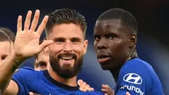 Chelsea's Olivier Giroud celebrates with Kurt Zouma
